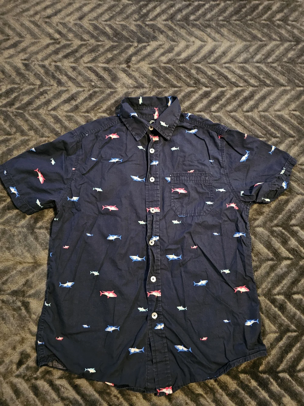 Wonder Nation Boys Shark Button-Up Shirt XL 14-16 Navy Short Sleeve Cotton